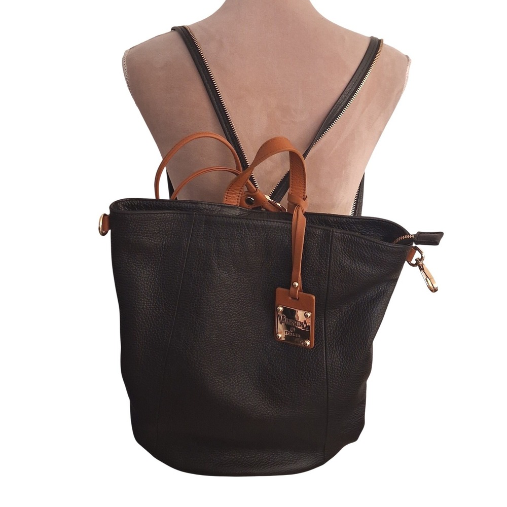Valentina Italia Black Pebbled Leather Convertible Backpack Tote Bag Gold Tone